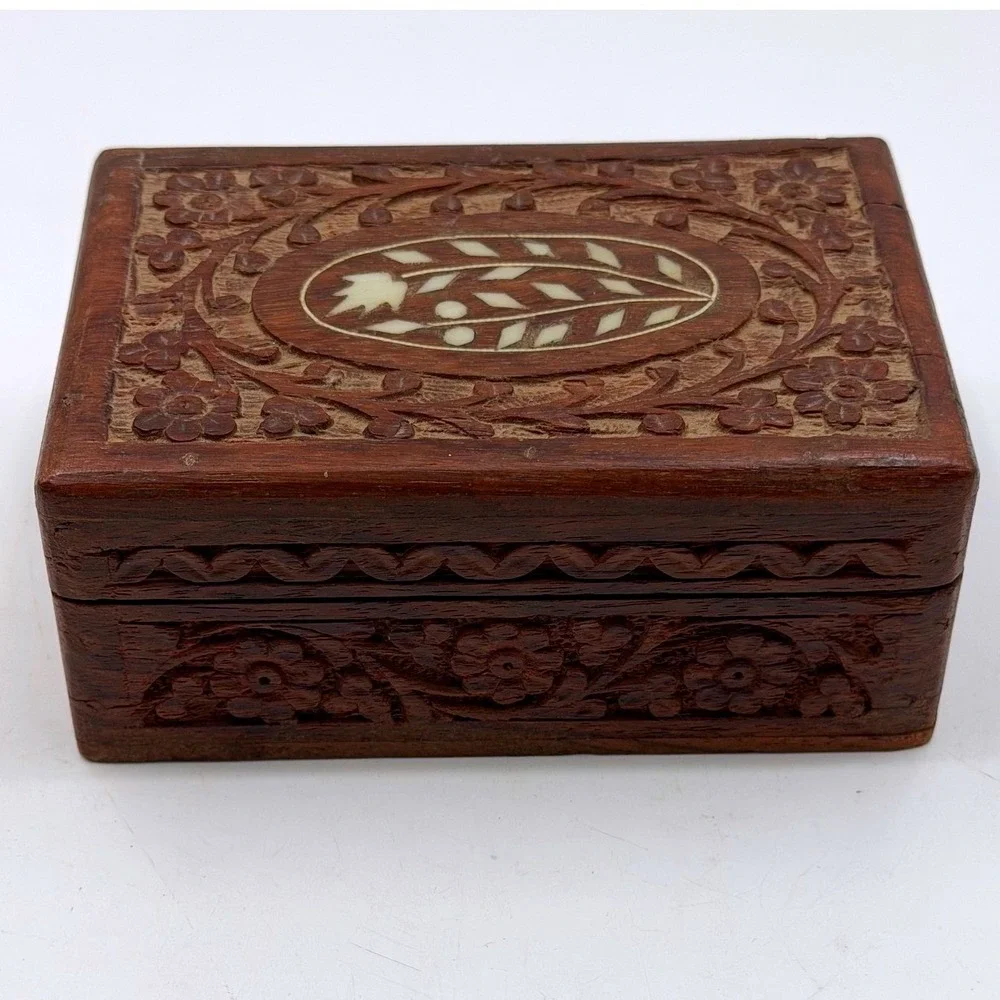 Vintage Hand Carved Wood Trinket Jewelry Needle Storage Box Faux Inlay